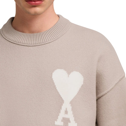 Ami Paris Ami De Coeur Logo Intarsia Beige Knit Sweatshirt