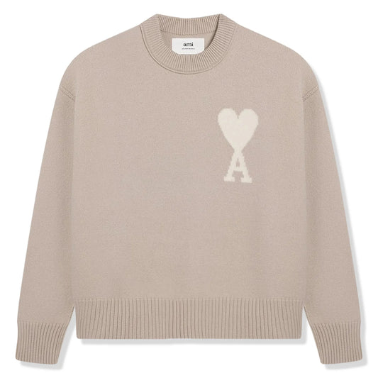 Ami Paris Ami De Coeur Logo Intarsia Beige Knit Sweatshirt