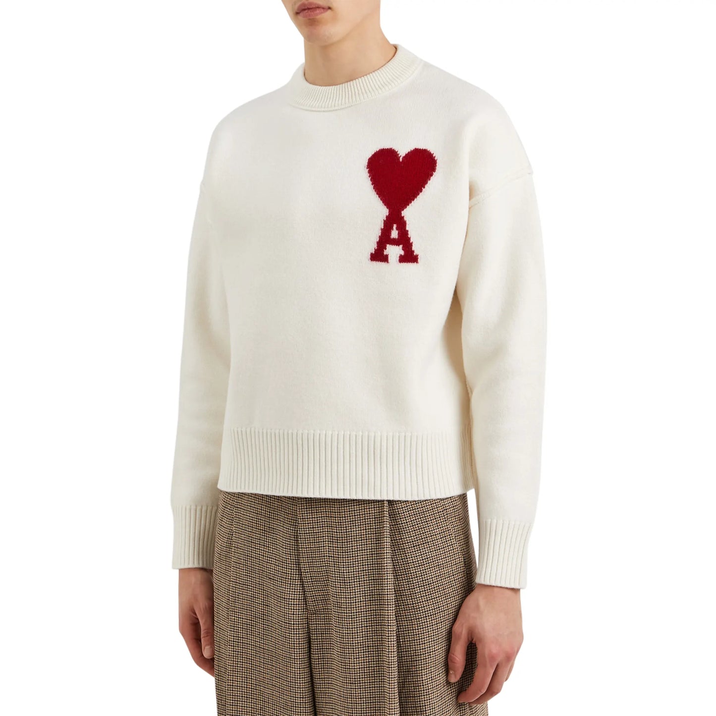 Ami Paris Red Ami De Coeur Logo Intarsia Off White Sweatshirt